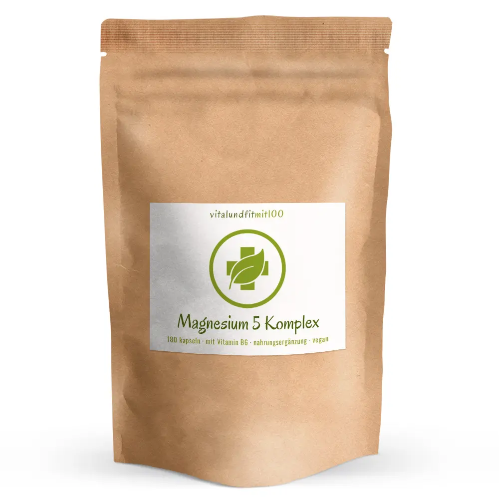 Rückseite des Magnesium 5 Komplex Beutels mit Produktinformationen