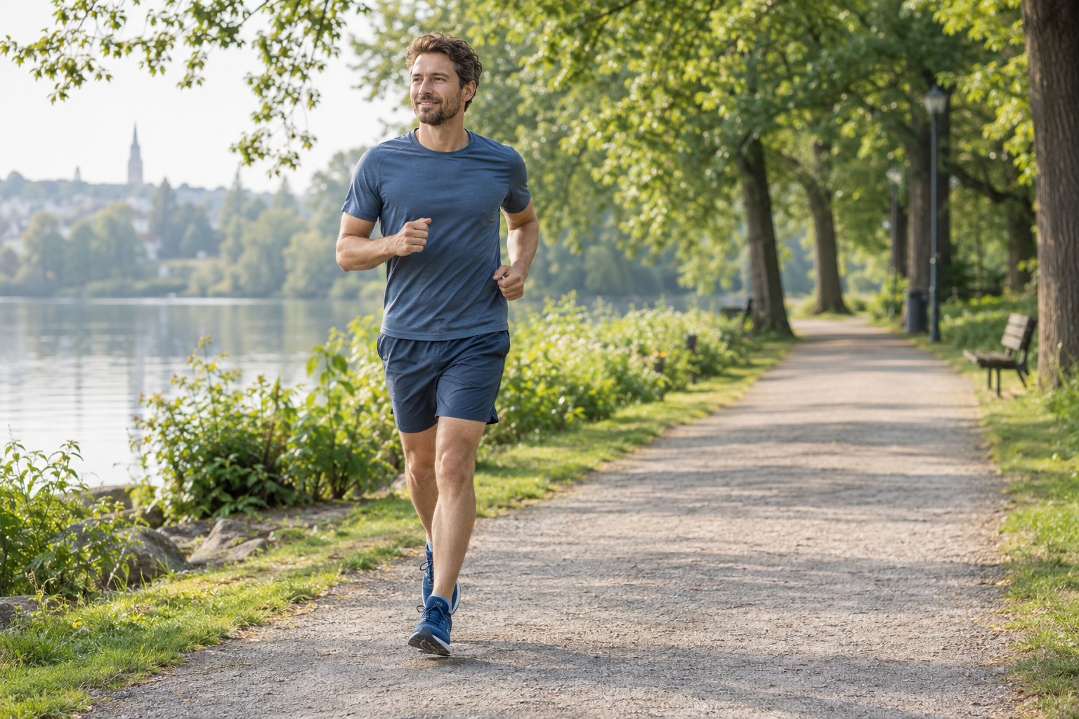 Mann beim lockeren Joggen auf einem Parkweg
