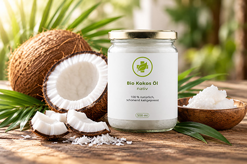 Glas mit nativem Bio-Kokosöl neben einer geöffneten Kokosnuss