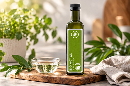 Flasche Bio-MCT-Öl neben einer Glasschale mit Öl
