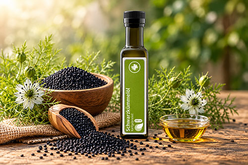 Schwarzkümmelöl mit Schwarzkümmelsamen und einer Schale Öl
