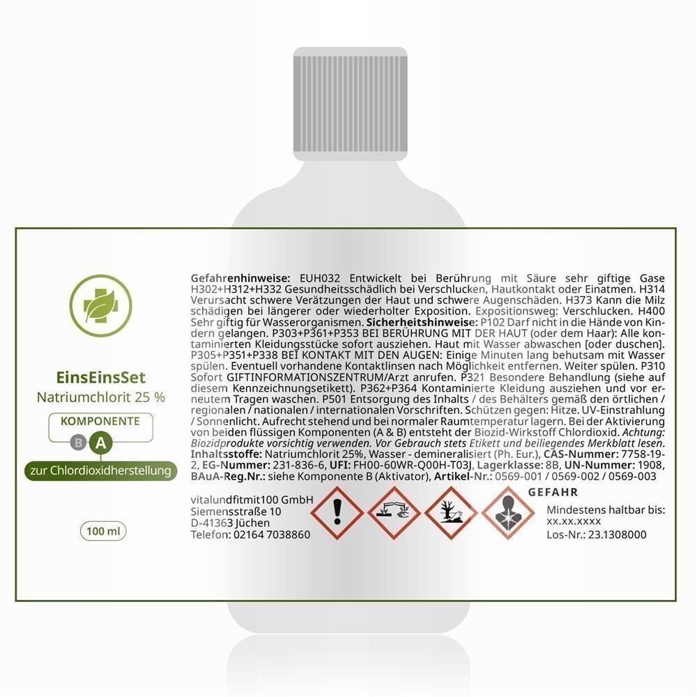 EinsEinsSet (Bestseller) 100 ml Braunglas Set [3+1 gratis] Salzsäure 4 %