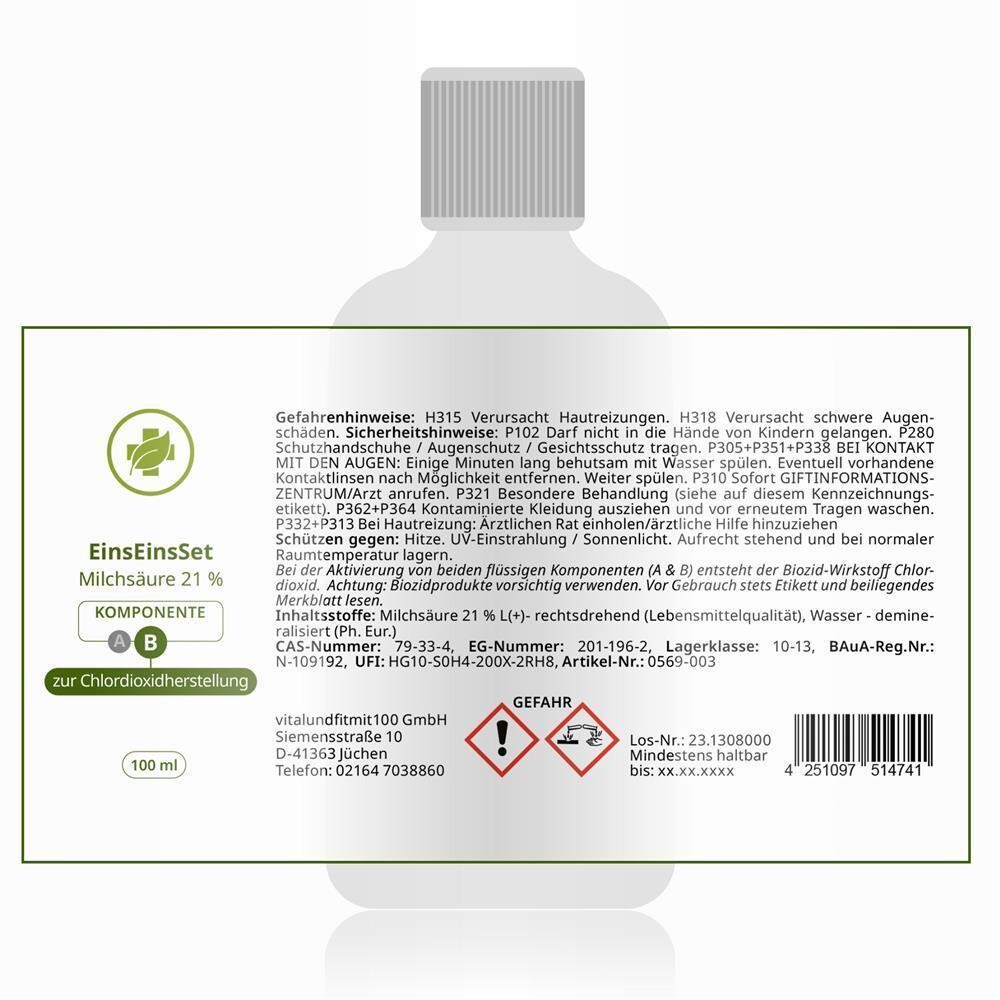EinsEinsSet (Bestseller) 100 ml Braunglas Set [3+1 gratis] L(+)- Milchsäure 21 %