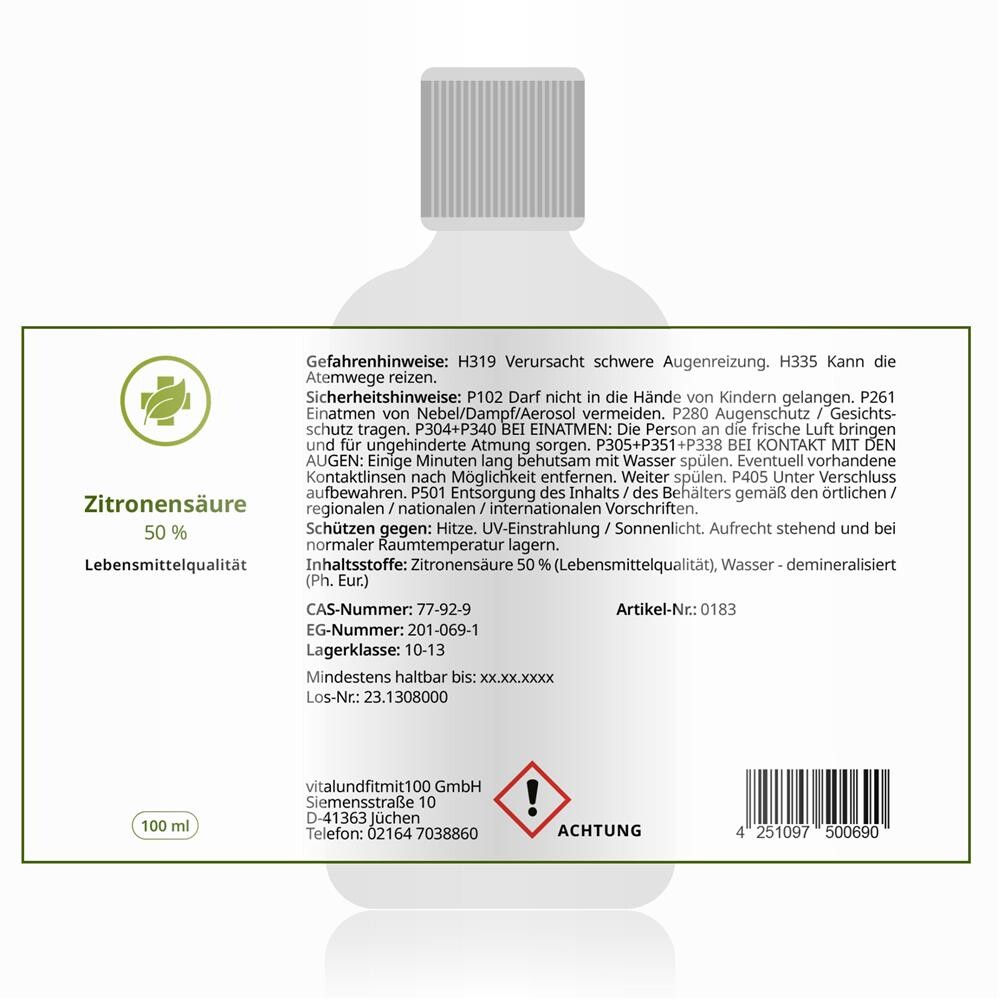 50%ige Zitronensäure in Lebensmittelqualität und nach Originalrezeptur