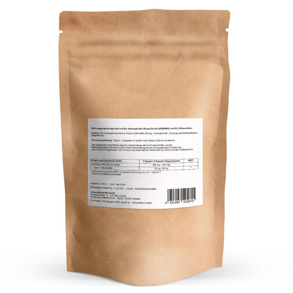Bio Ashwagandha KSM-66 Kapseln 100 Stück
