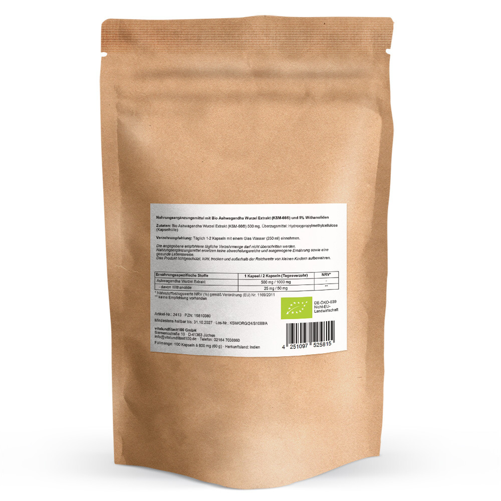 Bio Ashwagandha KSM-66 Kapseln 100 Stück