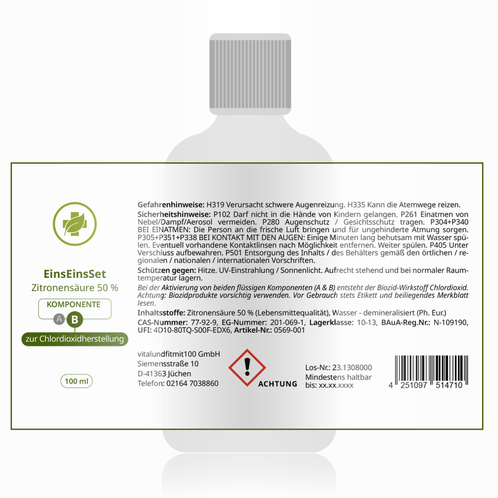 EinsEinsSet (Bestseller) [100 ml Set] Braunglas Zitronensäure 50 %
