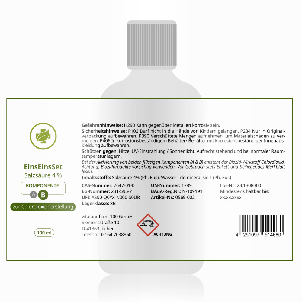 EinsEinsSet (Bestseller) [100 ml Set] Braunglas Salzsäure 4 %